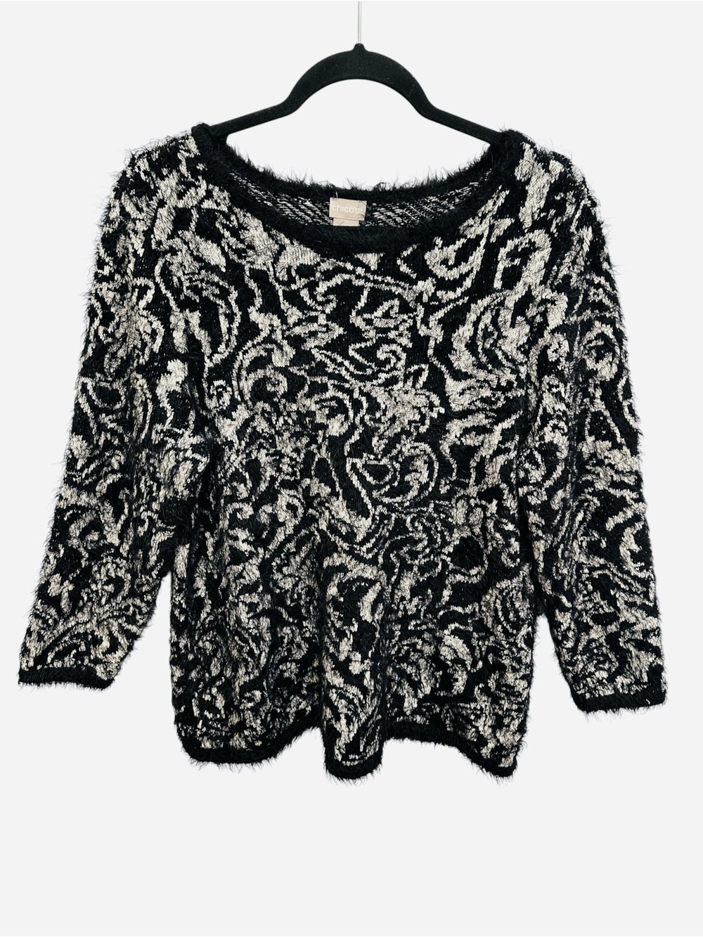 Chico’s black white Eyelash Trim Paisley Jacquard Pullover Sweater Size L